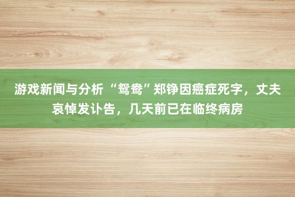 游戏新闻与分析 “鸳鸯”郑铮因癌症死字，丈夫哀悼发讣告，几天前已在临终病房